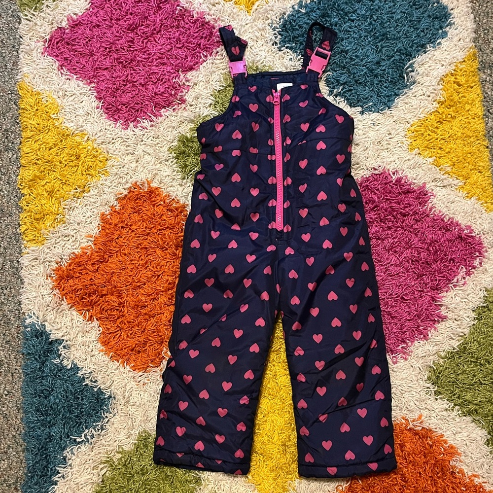 Girls, navy blue pink heart snow bib pants 4t